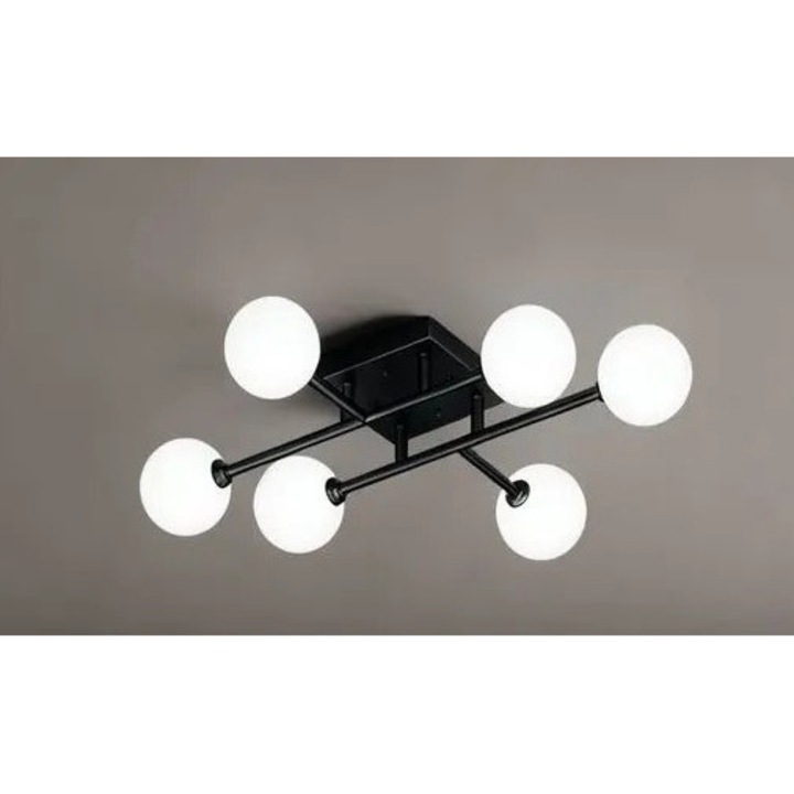 Lustra neagra cu 6 globuri albe din sticla, dulie E27, dimensiune 78x78x18 cm