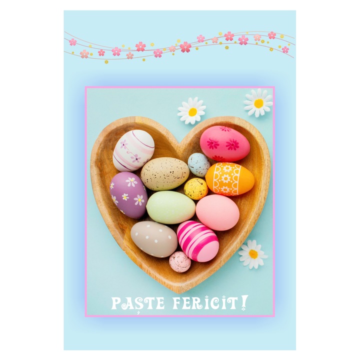 Felicitare de Paste, cu plic, "Paste fericit!", inima cu oua colorate, 120x180mm, carton 300 g