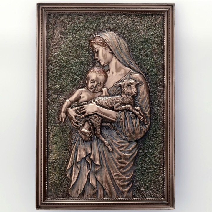 Tablou de perete, decoratiune de masa Fecioara Maria si Pruncul, polirasina acoperita cu bronz, 22.5x15.5 cm