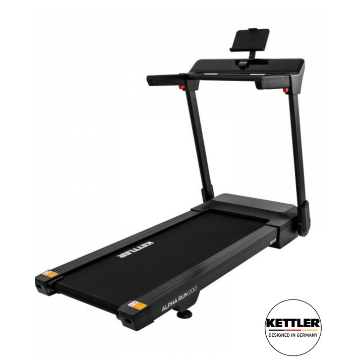 Banda de alergare KETTLER Alpha Run 200, motor 2 CP, viteza 0.8-18 km/h, inclinare electrica 12%, suprafata alergare 128.5x45 cm, 42 programe, Bluetooth, compatibila Kinomap si Zwift, pliabila, amortizare performanta, suport tableta, utilizator 120 Kg