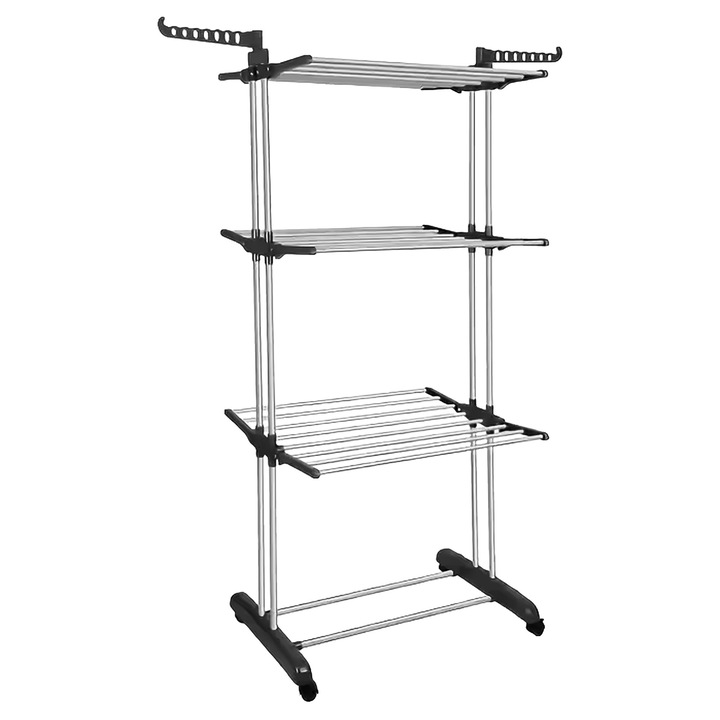Függőleges ruhaszárító, 3 szintes, kerekekkel, fekete, 170x65x65cm