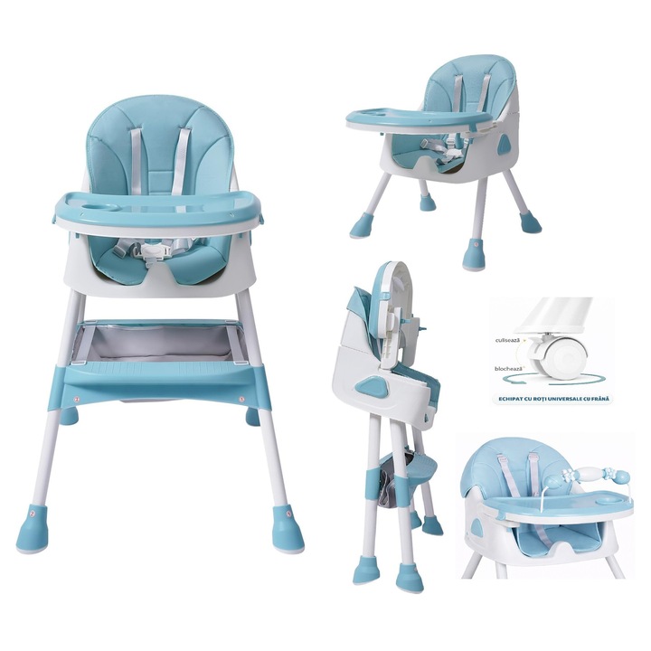 Scaun de Masa 3in1 pentru Bebelusi si Copii Tarossy®, Varsta 6 - 36 luni, Inaltime Ajustabila, Centura de Siguranta in 5 Puncte, Tavita Reglabila si Detasabila, Loc Depozitare, Verde Menta