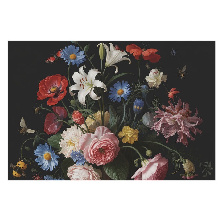 Dekor Tapéta, Tulup, Virágok rovarokkal, Fekete, 104 x 70 cm, Vlies, Könnyen Felszerelhető, 010100060020000285179
