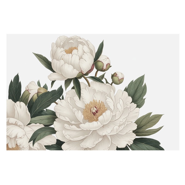 Tapéta Vlies Fali Dekoráció, Tulup, Fehér pünkösdi rózsák, Fehér, 104 x 70 cm, Nem Szőtt, Modern Tapétatekercs, 010100060020000285173