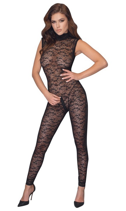 Bodystocking cu fermoar, Cottelli, poliamida/dantela, negru, S INTL