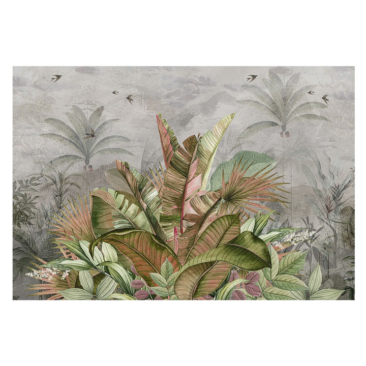 Dekor Tapéta, Tulup, Egzotikus dzsungel, Szürke, 152 x 104 cm, Vlies, Modern Tapétatekercs, 010100060030000282760