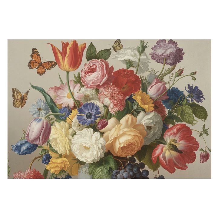 Tapéta Vlies Fali Dekoráció, Tulup, Virágok és pillangók, Piros, 152 x 104 cm, Nem Szőtt, Erős Ragasztó, 010100060030000284974