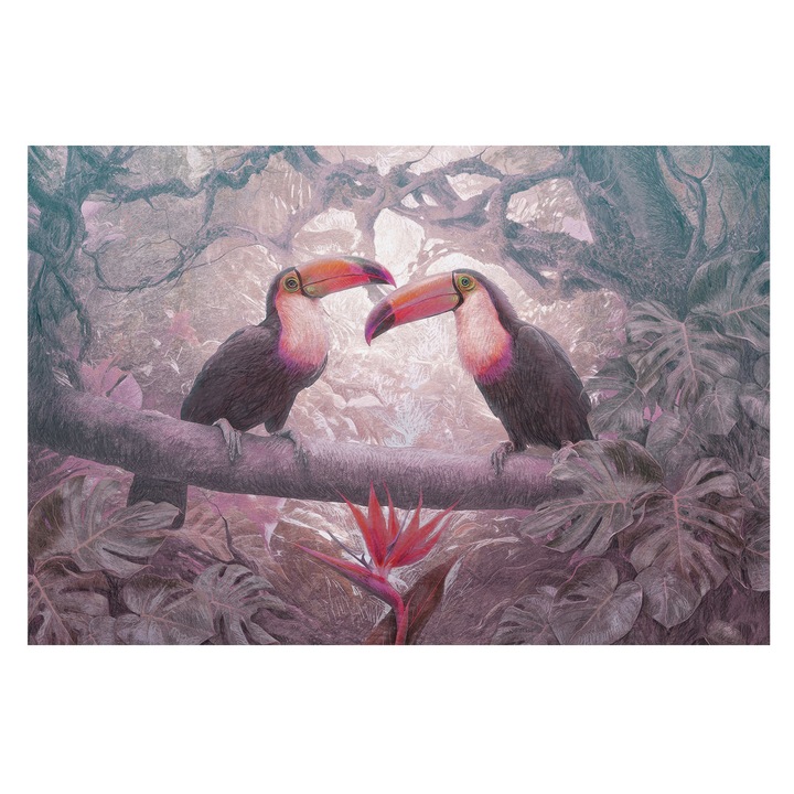 Tapéta Falra, Tulup, Egzotikus pár, Rózsaszín, 104 x 70 cm, Vlies, Hálószobába, Konyhába, 010100060020000285344