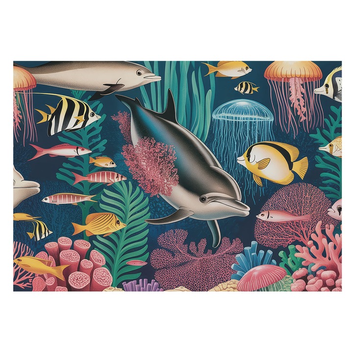 Dekor Tapéta, Tulup, Víz alatti állatvilág, Tengerészkék, 208 x 146 cm, Vlies, Élénk Színek, 010100060040000284728