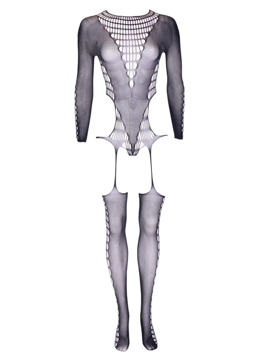 Bodystocking Kalyke XXIII, nylon/spandex, negru, maneci lungi, bretele decorative