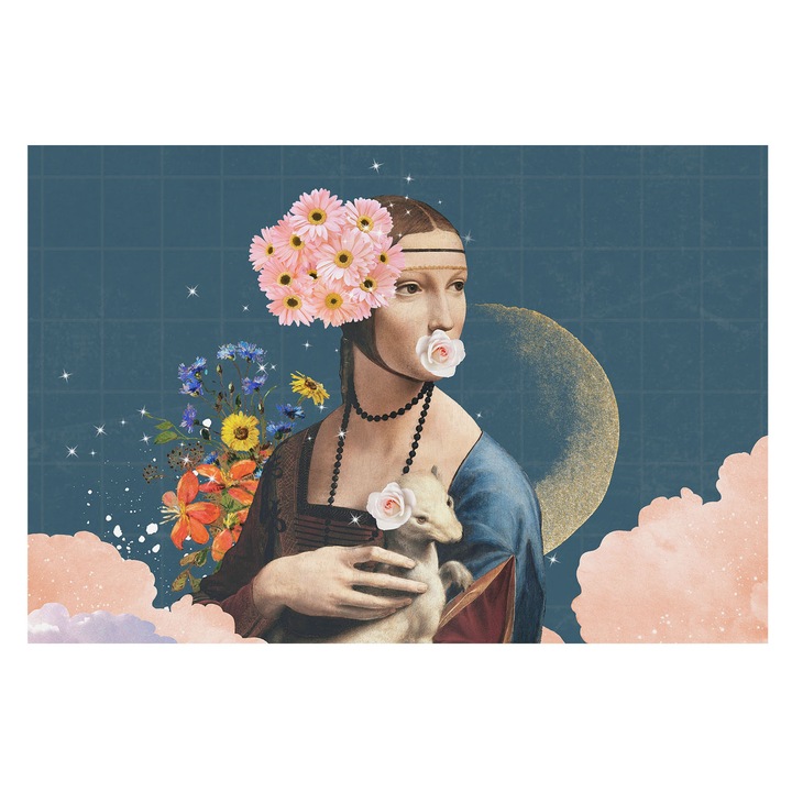 Tapéta Vlies Fali Dekoráció, Tulup, Virágos elegancia, Kék, 104 x 70 cm, Nem Szőtt, Hálószobába, Konyhába, 010100060020000285209