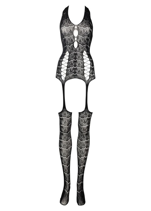 Bodystocking din dantela Le Desir, nylon/spandex, bretele decorative, decupaj inghinal, negru