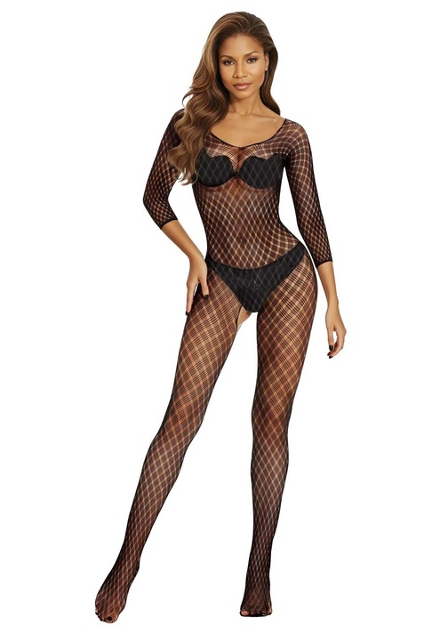 Bodystocking, SoftLine 2048, poliamida, maneci lungi, negru, plasa elastica, One Size INTL
