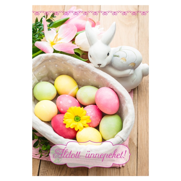Felicitare de Paste, cu plic, "Aldott unnepeket!", limba maghiara, cos cu oua colorate, 120x180mm, carton 300 g