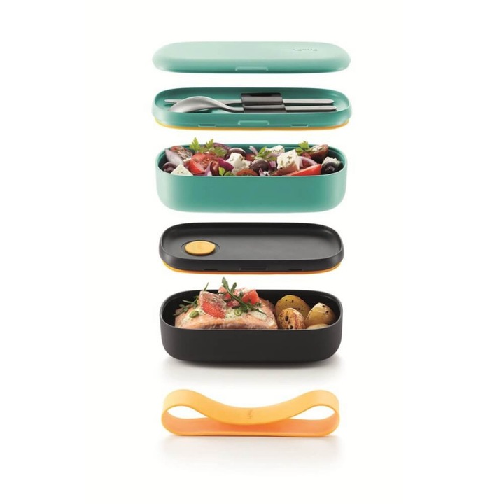 Lekue On The Go 1010220 ételtároló doboz készlet, 2 db, 500 ml, hermetikusan záródó, evőeszköztartó rekesszel, mikrohullámú sütőhöz alkalmas szeleppel, türkiz