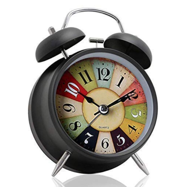 Ceas desteptator analog cu doua clopote, mecanism quartz, carcasa metalica, design vintage, alimentare cu baterie, 12 × 18 cm