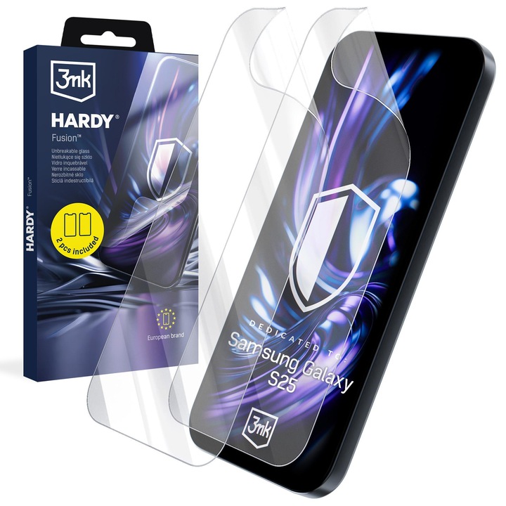 Set 2x folii protectie, Sticla Hibrida 3mk HARDY Fusion pentru Samsung Galaxy S25, Rezistenta La Impact, Transparent, 0, 3mm