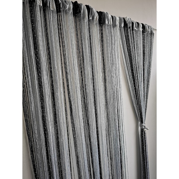 Perdea franjurata, INOVIUS, alb/negru, dimensiuni 300x300cm