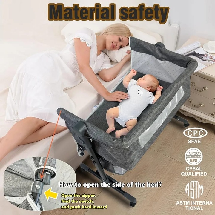Patut Co-Sleeper Multifunctional 3 in 1, Inaltime Reglabila, Functie Anti-Reflux, Pliabil, Roti cu Blocare, Cos Depozitare si Plasa Anti-Tantari, 0-12 luni, Khaki/Light Grey/Dark Grey