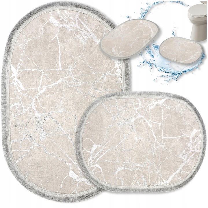 Set 2 Covorase Baie Paris - Decorator Home - Antiderapante, Absorbante, Moale si Lavabile 60x100 cm - Pentru Incalzire Pardoseala Oval - Bej argintiu