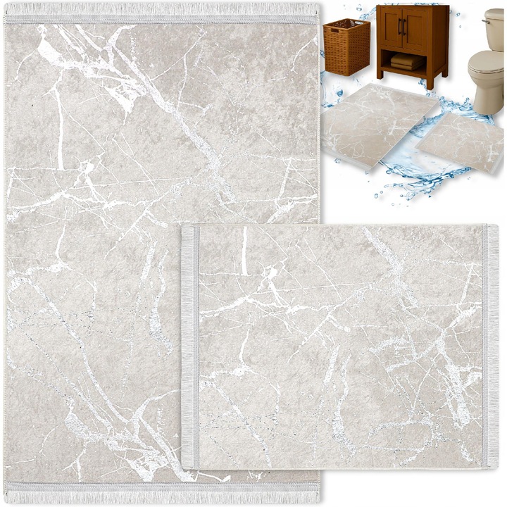 Set 2 Covorase Baie Paris - Decorator Home - Antiderapante, Absorbante, Moale si Lavabile 60x100 cm - Pentru Incalzire Pardoseala Dreptunghi - argintiu bej