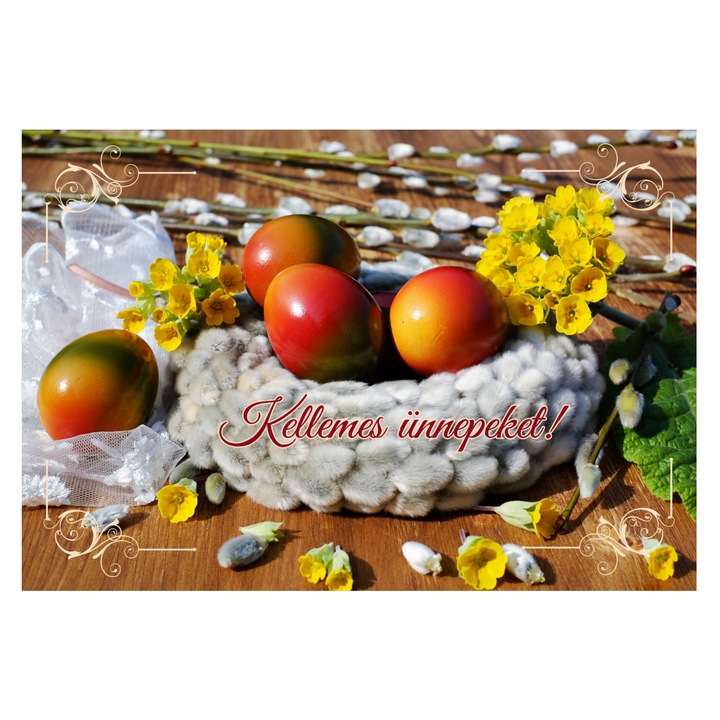 Felicitare de Paste, cu plic, "Kellemes unnepeket!", limba maghiara, 120x180mm, carton 300 g