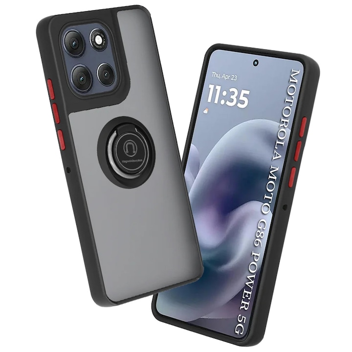 Husa pentru Motorola Moto G86 Power, SKYDDAR INNOVATION, Glinth cu Inel Rotativ 360° Magnetic, set cu sticker, Negru