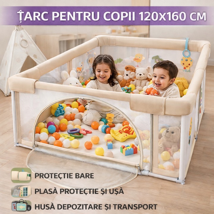 Tarc de joaca pentru copii, centru de activitati, interior si exterior, cu plasa de protectie si usa, bile incluse, protectie bare, XL 120x160cm Multicolor