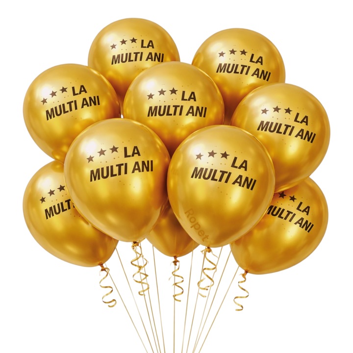 Set 10 baloane latex, Auriu, La multi ani, 30cm, Ropet
