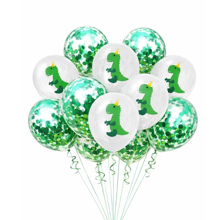 Set 10 baloane latex, Ropet, imprimeu Dinozauri, confetti, 30cm