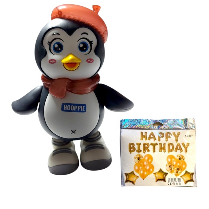Музикален пингвин Hooppie, 21 см, многоцветен, звуци и светлини, пластмаса, 03 години+ с Комплект балони за парти, 28 броя, 4 варианта