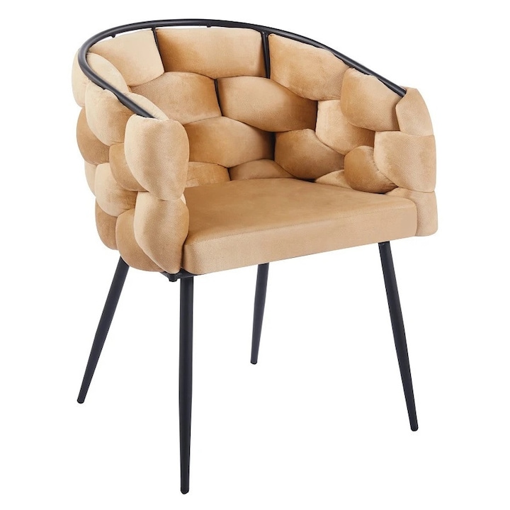 Scaun Dining, TOPSCAUNE®, Scaun Dining Catifea, Scaun Dining Metalic, Cadru Metalic Negru Rezistent, Tapiterie Catifea Premium, Spatar Ergonomic Curbat, Sezut Burete Densitate Inalta, Structura Solida Stabilitate Ridicata, Design Modern Elegant, Bej/Negru
