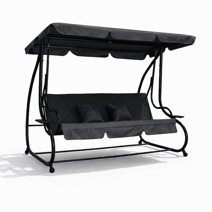 Balansoar De Gradina, TOPSCAUNE®, Leagan Exterior 4 Locuri, 230x120x164 Cm, Balansoar Tip Pat Extensibil Cu Copertina Reglabila, Structura Metalica Robusta, Suport Pahare Si Perne Incluse, Ideal Pentru Curte Sau Gradina, Design Elegant Si Stabil, Negru