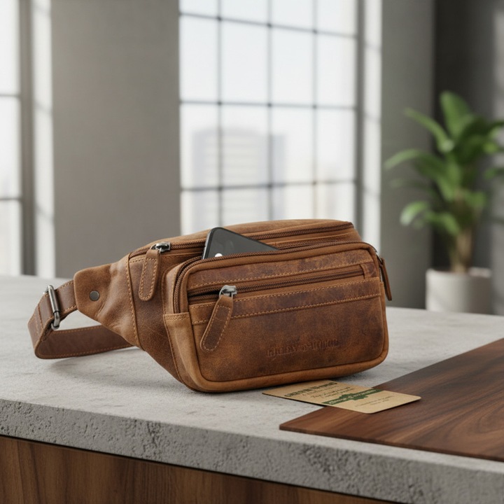 Borseta Brau / Crossbody din Piele Naturala, GreenWood, Centura reglabila pana la 130 cm, Culoare Maro