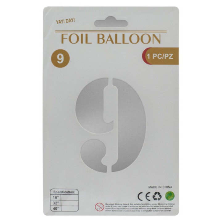 Fólia Lufi Szám 9, Ezüst Metál, Magasság 80 cm, Parti és Évforduló Díszítésére