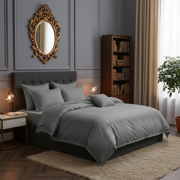 Ágyneműhuzat 2 személyes, damaszt típusú, egyszínű, 100% pamut, 4 részes, lepedő 200x240 cm, paplanhuzat 180x210 cm, 2 párnahuzat 50x70 cm, szürke színű