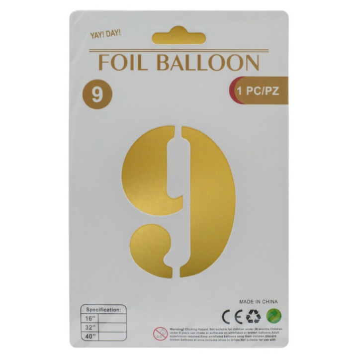 Fólia Lufi Szám 9, Arany Metál, Magasság 80 cm, Évfordulók és Partik Díszítésére