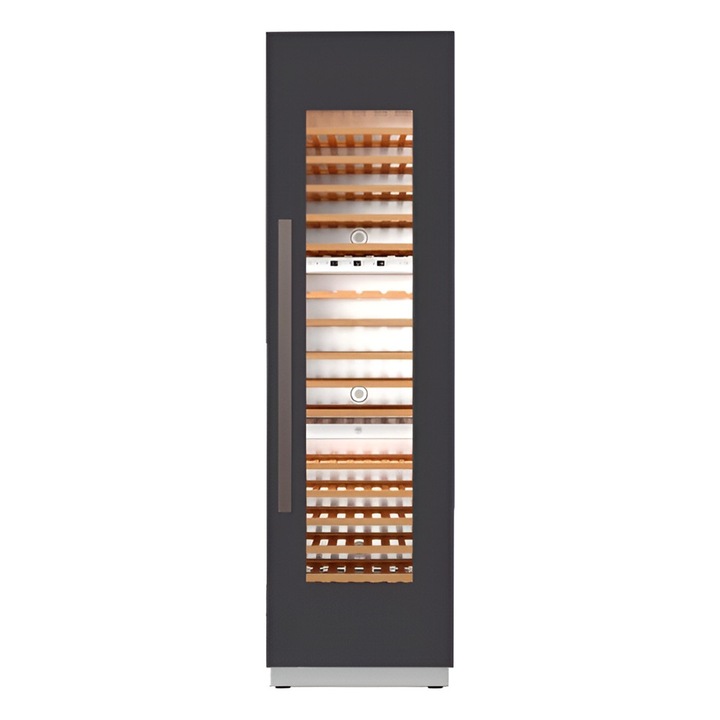 Racitor de vin Bertazzoni, colectie Professional, 100 sticle, 3 zone de racire, mod Sabbath, functie Entertainment, temperatura reglabila 5-20°C, 14 rafturi lemn, usa protectie UV, 3 setari culoare neutru/rece/cald, dezghetare automata, antracit