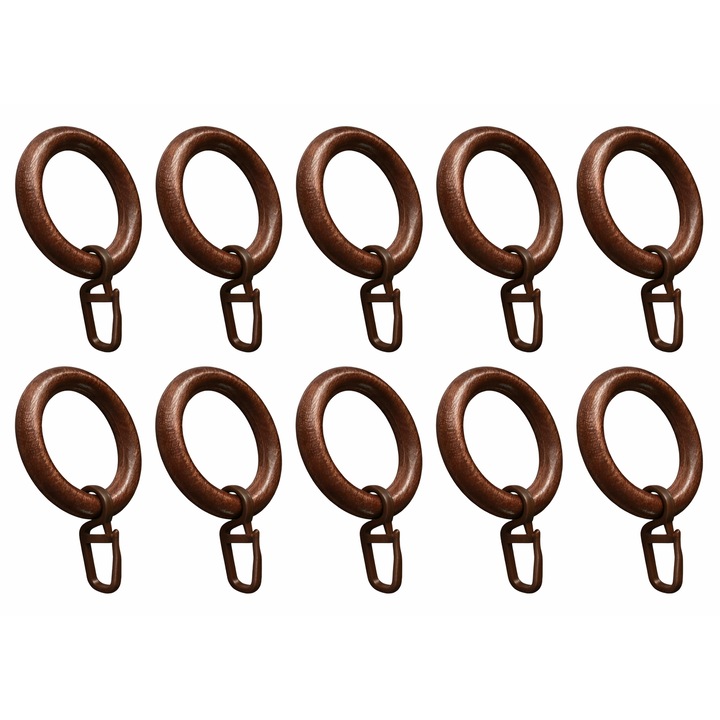 Set 10 x Inele din lemn cu carlig plastic pentru perdele si draperii, design elegant, pentru galerie Ø28 mm, mahon