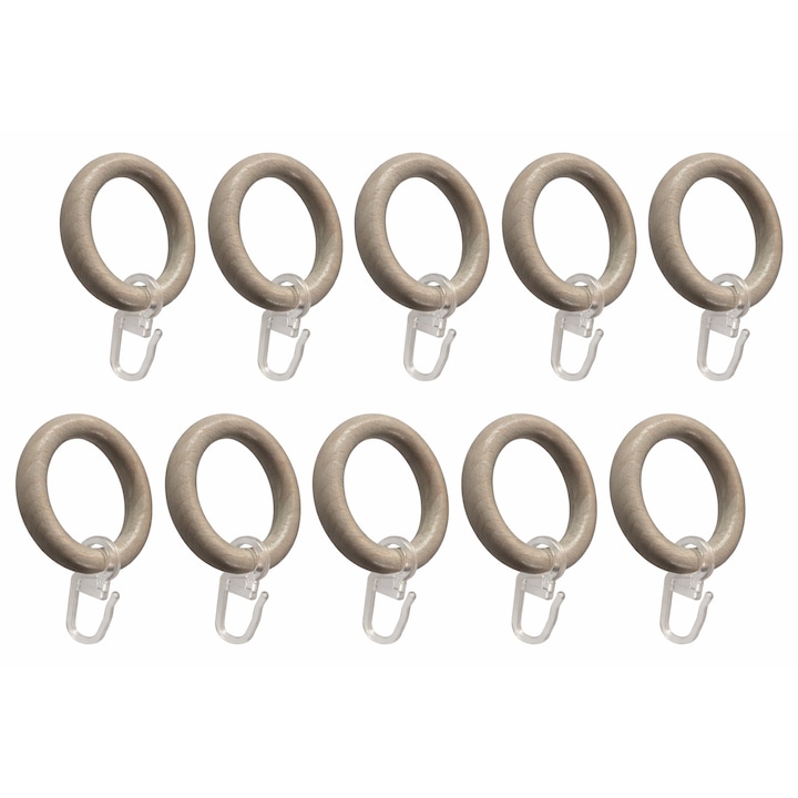 Set 10 Inele din Lemn cu Carlig Plastic pentru Perdele si Draperii, Design Elegant, pentru Galerie Ø28 mm, Gri Antic