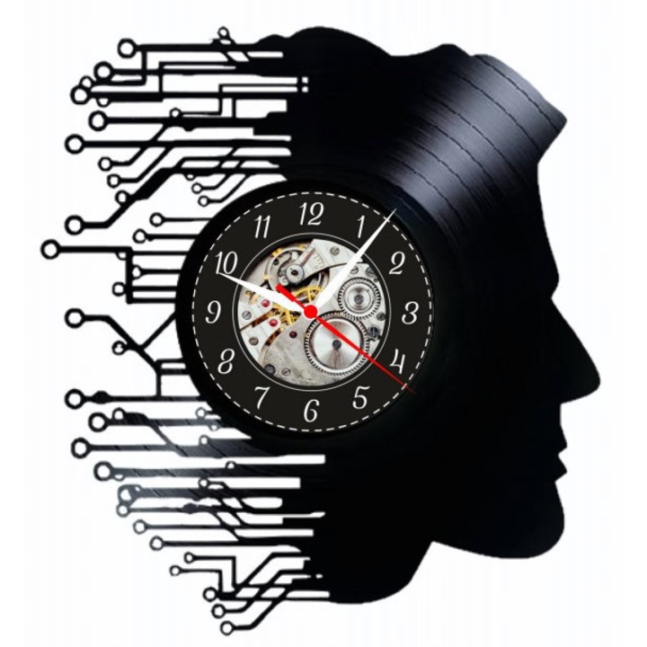 Ceas de perete decorativ "Cyber Mind - IT Evolution", realizat din disc de vinil (Vinyl Record), design Tech & Artificial Intelligence