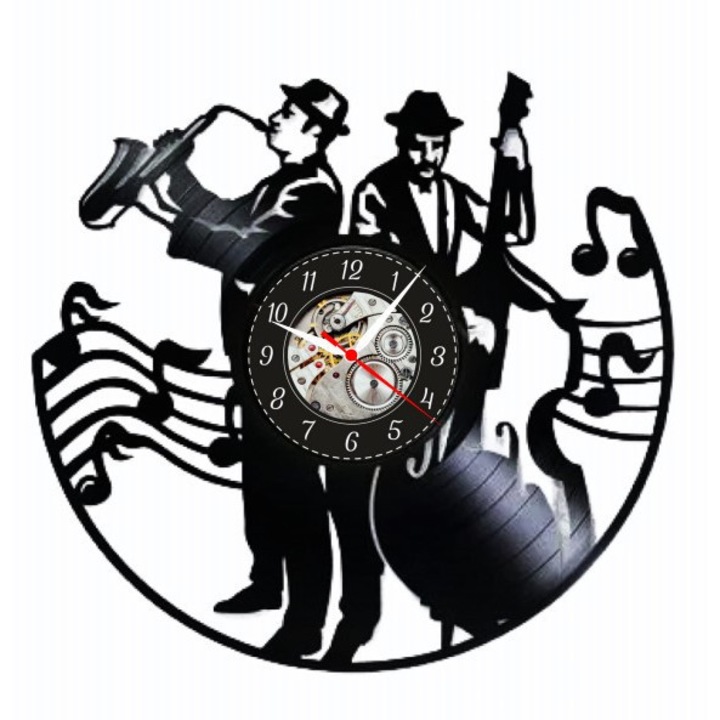 Ceas de perete decorativ, Model Jazz Night Live, design muzical, disc de vinil, negru, 30x30cm
