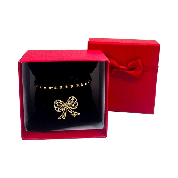 Set martisor premium Velve, bratara negru-auriu cu cristale, brosa fundita aurie, cutie cadou rosie