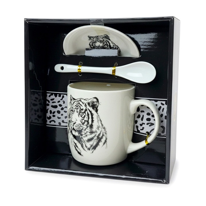 Set cană ceramica Velve model tigru 300 ml cu linguriță și farfurie, ambalat în cutie cadou elegantă
