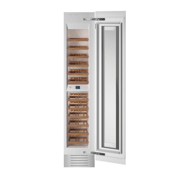 Racitor de vin incorporabil Bertazzoni, colectie Modern, 52 sticle, 2 zone de racire, mod Sabbath, control umiditate, temperatura reglabila pe niveluri 4-18°C, 12 rafturi lemn, usa cu protectie UV, iluminare interioara 12 h, setare data/ora, 130 W, inox