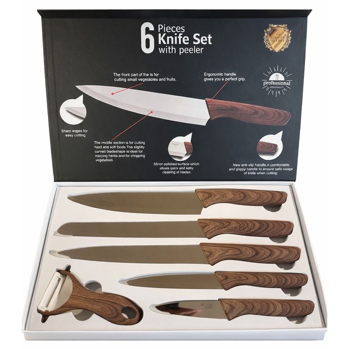 Set 5 Cutite Bucatarie+Curatator Legume-Lame din Otel Inoxidabil, Maner Ergonomic Antialunecare, Ideal pentru bucataria ta