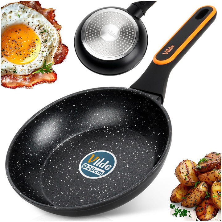 Универсален алуминиев тиган с гранитно покритие Terruna, Vilde, 20 см, черен/оранжев, незалепващо покритие Pfluon, модерна мека дръжка, съвместим с индукционни и газови котлони, здравословно и бързо готвене с минимално количество мазнина
