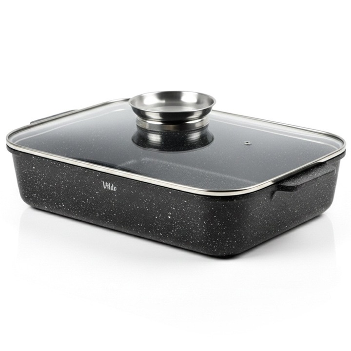 Téglalap Alakú Gránit Bevonatú Serpenyő Fedővel, Vilde, 3.5 l, 35x23 cm, Fekete, Öntött Alumínium, Tapadásmentes Bevonat, Üvegfedő Csepegtetővel Folyadékokhoz, Sütőben És Indukciós Főzőlapon Is Használható, Ideális Sült Húsokhoz És Pároláshoz