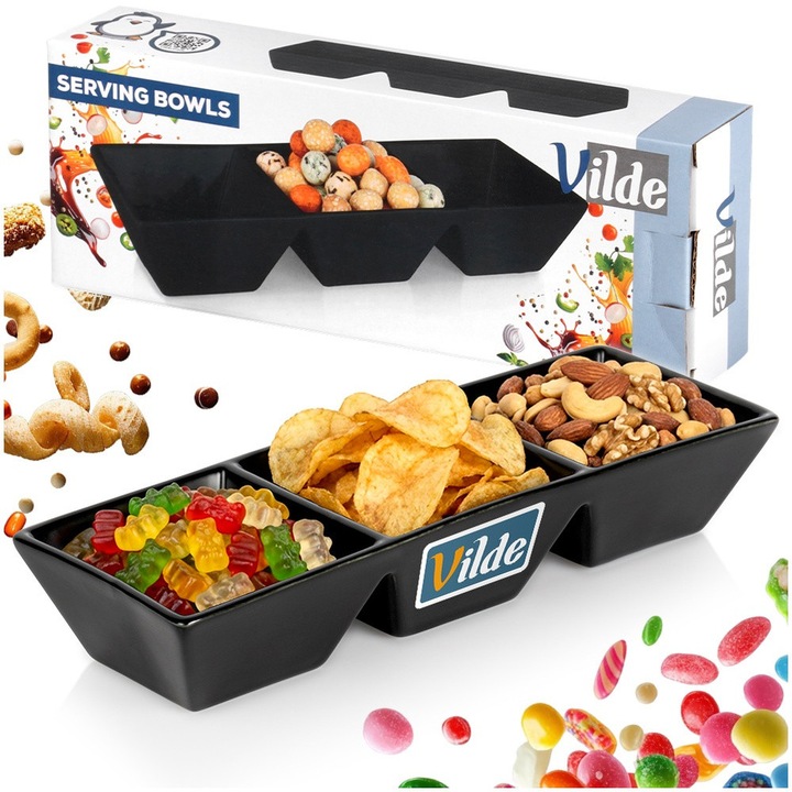 Bol Pentru Gustari Din Ceramica Cu 3 Compartimente, Vilde, 29x10 cm, Negru, Salatiera Dreptunghiulara Pentru Servire Aperitive, Alune Si Sosuri, Design Modern Elegant, Material Durabil Si Igienic, Compatibil Masina De Spalat Vase, Ideal Pentru Petreceri