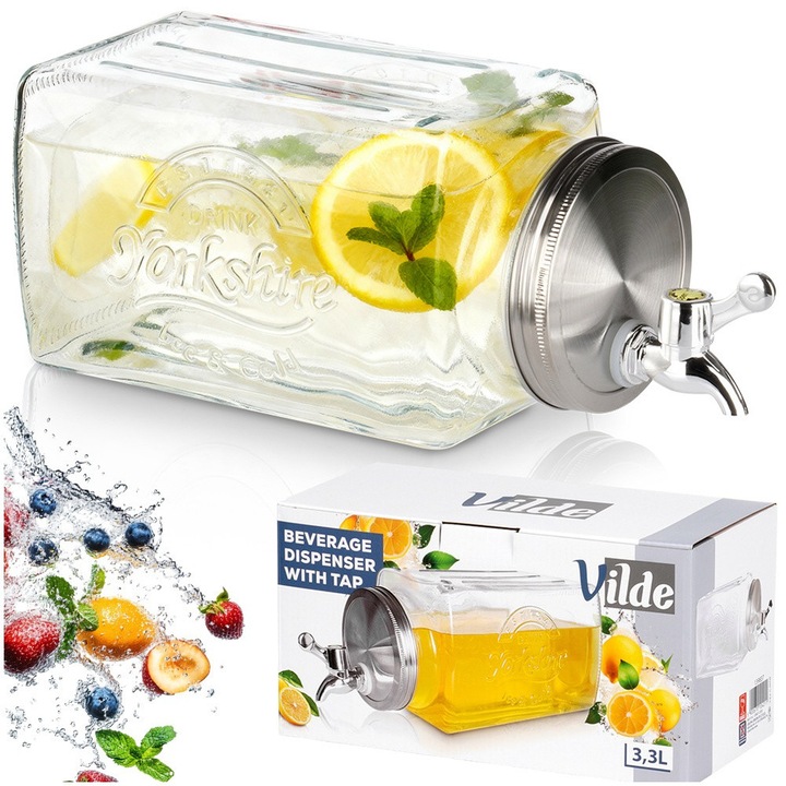 Üveg Italadagoló Csappal Hűtőszekrényhez, Vilde, 3,3 l, Átlátszó, Ideális Limonádé És Gyümölcslé Hűtésére, Rozsdamentes Acél Fedél Biztonságos Rovarvédelemmel, Praktikus Otthoni És Parti Használatra
